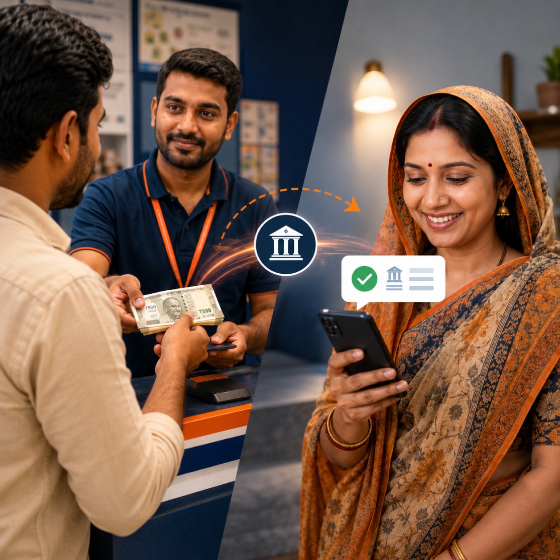 Sender handing cash across a money transfer counter