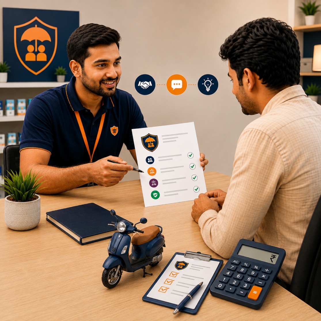 Retailer explaining an insurance product to a customer